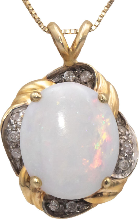 14k Yellow Gold 2.50CT Oval Cabochon Opal Pendant Necklace w/ Diamond Accents