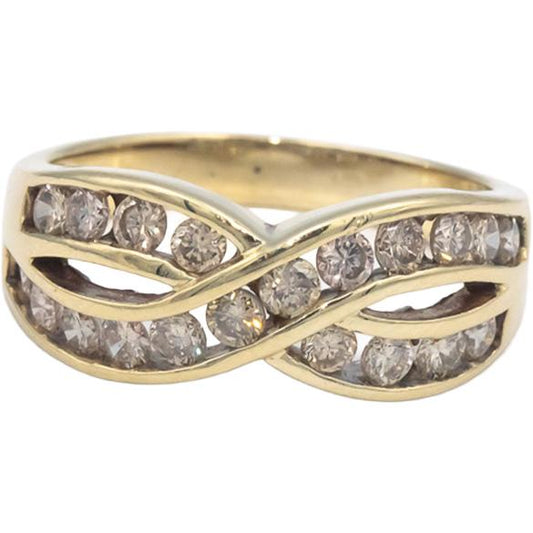 Diamond Round Cut 10k Yellow Gold Channel Set Crossover Band Ring 1.0CT Size 7