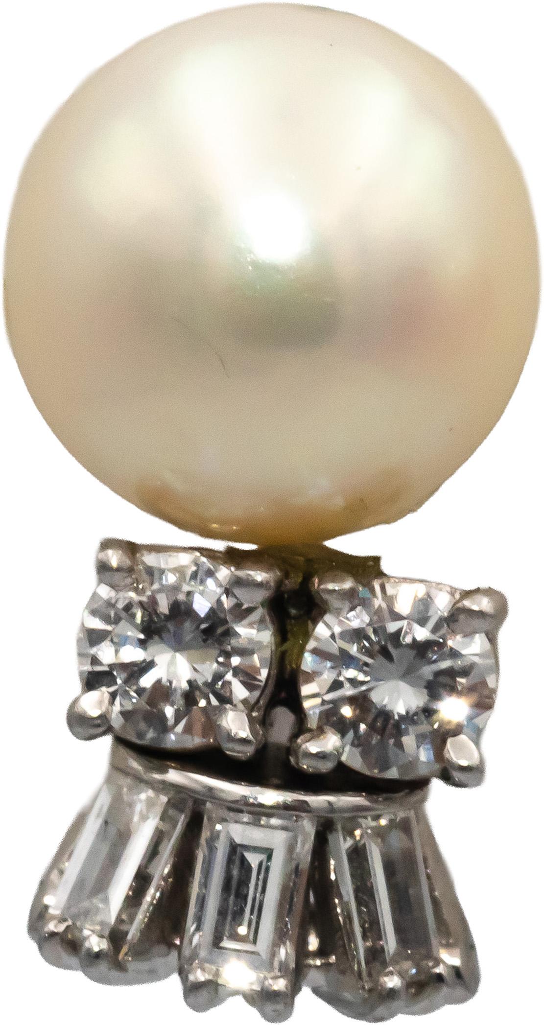 14k White Gold VS Round & Baguette Diamond 9.5mm Pearl Stud Earrings 1.0CT