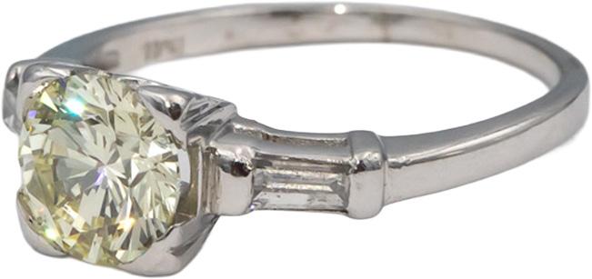 Platinum Round & Baguette Diamond Engagement Ring 1.32CT w/ 1.17CT Center