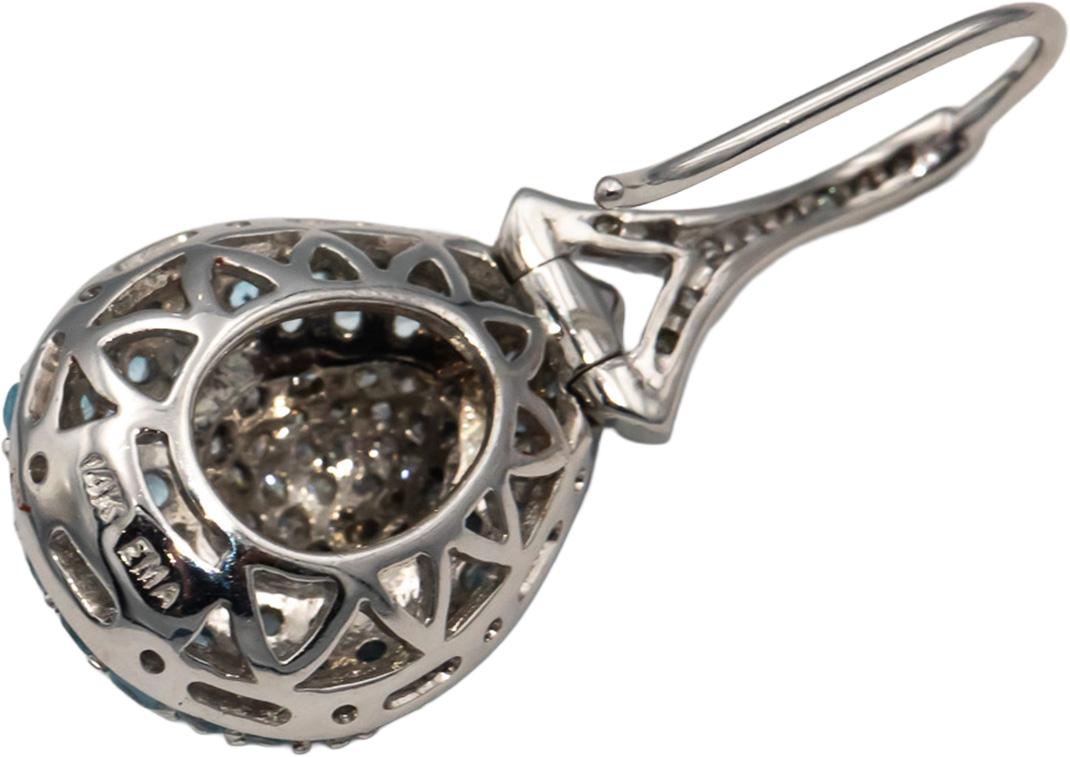 14k White Gold Round Blue Topaz & Diamond Cluster Drop Dangle Earrings 1.50CT