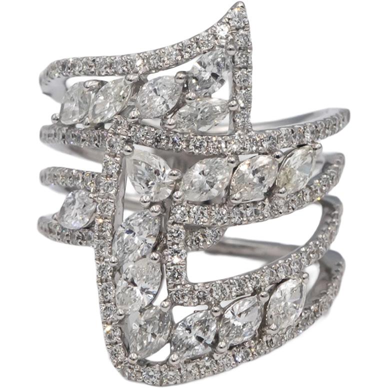 18k White Gold Marquise Pear Round Diamond Cocktail Ring 3.0CT Size 7