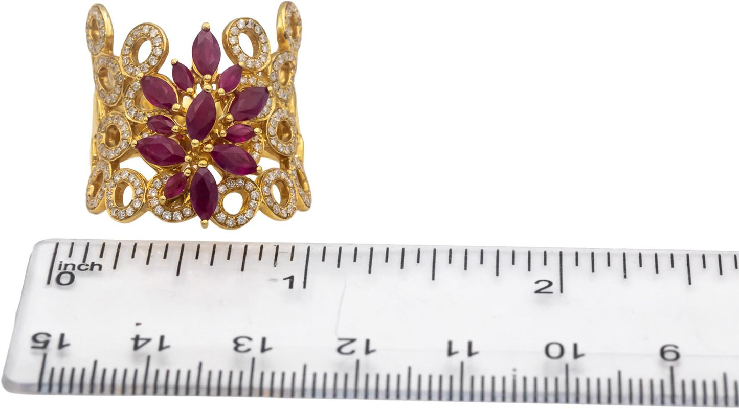 18k Yellow Gold VS Round Diamond Marquise Ruby Floral Cocktail Ring 1.65CT Sz. 7