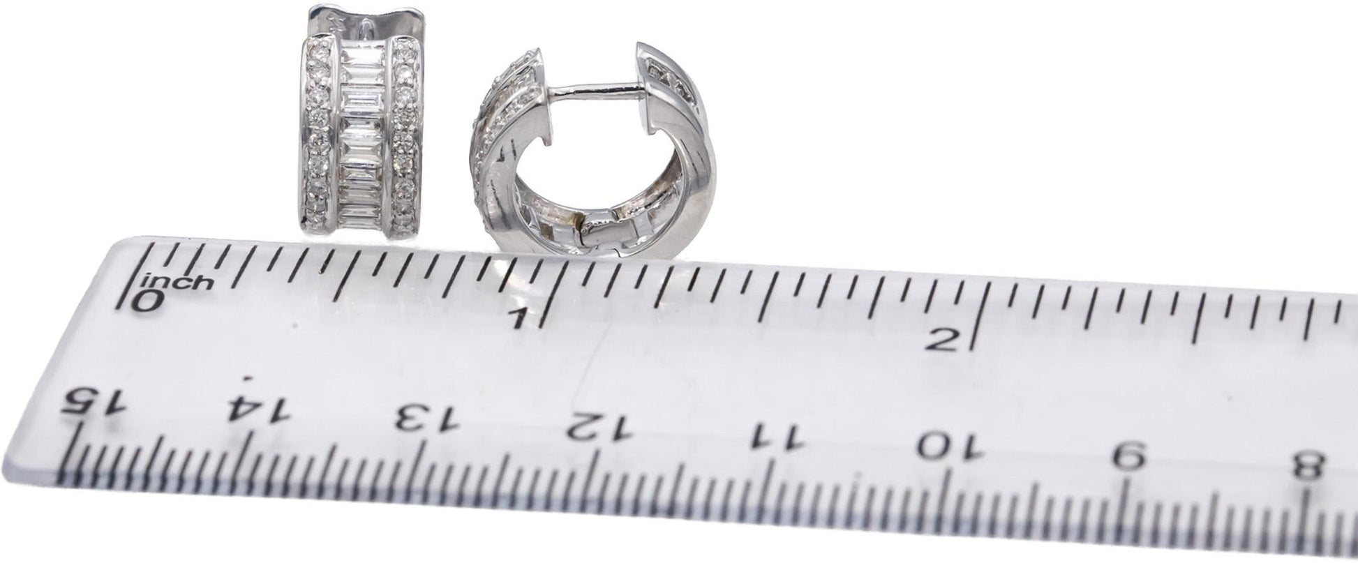 14k White Gold VS Round & Emerald Cut Diamond Hoop Huggie Earrings 1.0CT