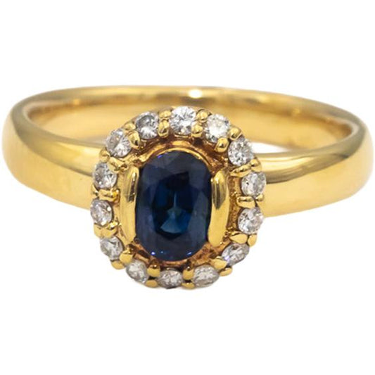 18k Yellow Gold Oval Sapphire and Round Diamond Halo Ring 0.97CT Size 6.25