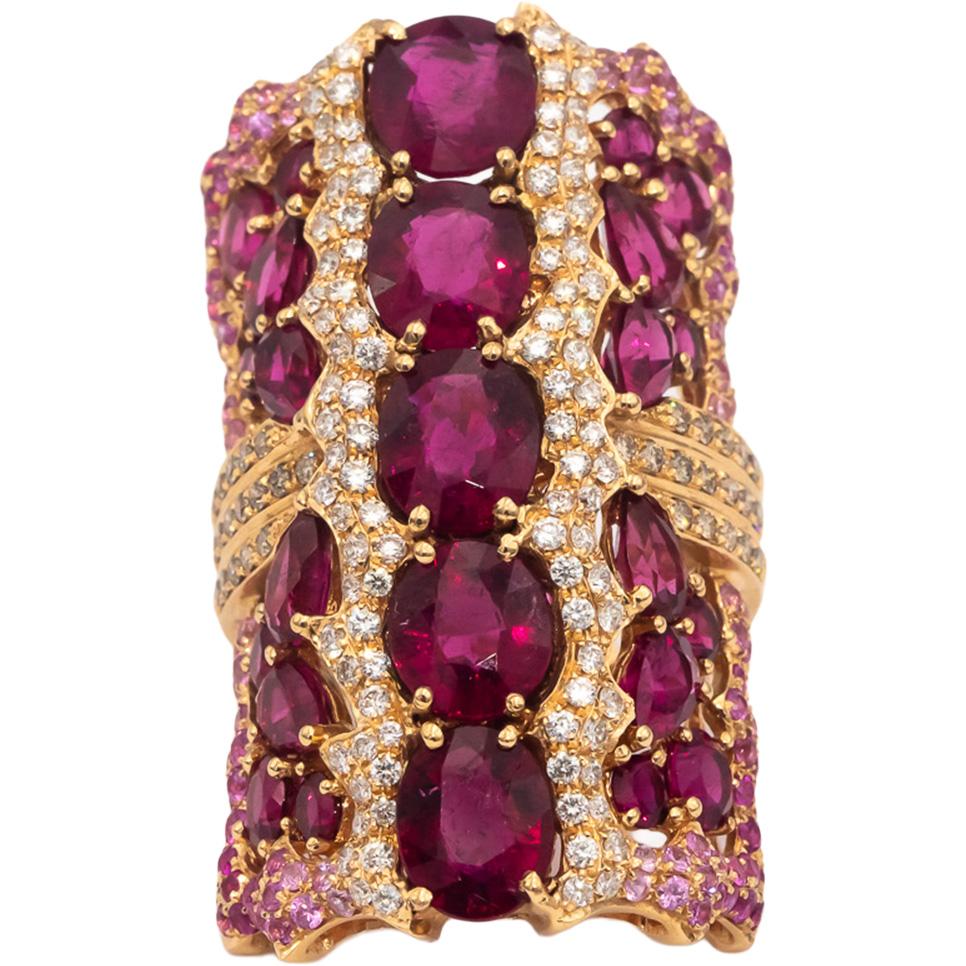 WENDY YUE 18k Rose Gold Diamond Rubellite & Pink Sapphire Cocktail Ring 14.75CT