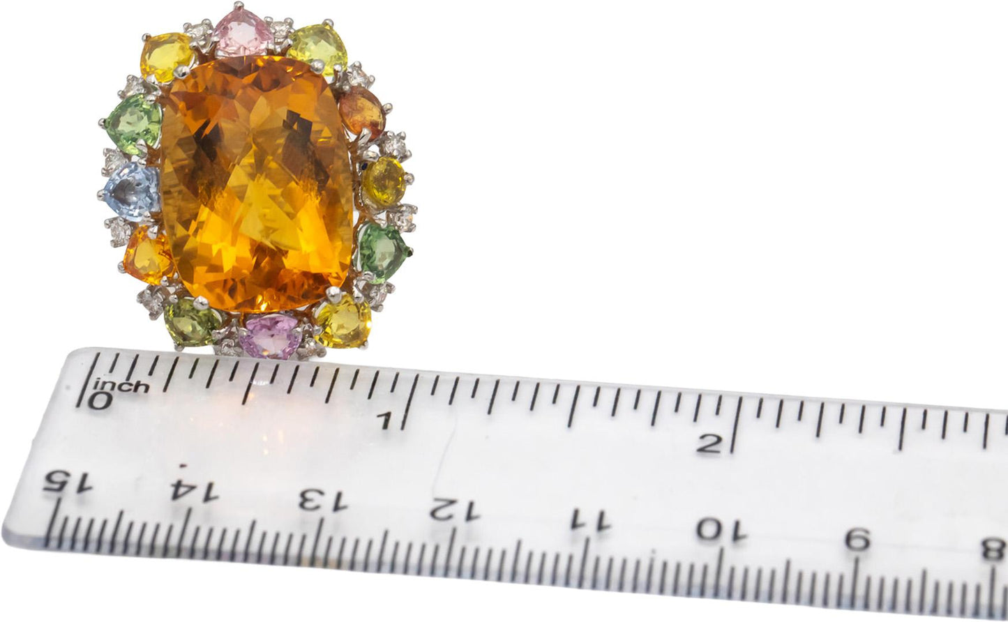 18k White Gold Citrine Diamond Rainbow Sapphire Cocktail Ring 27.45CTW Size 8