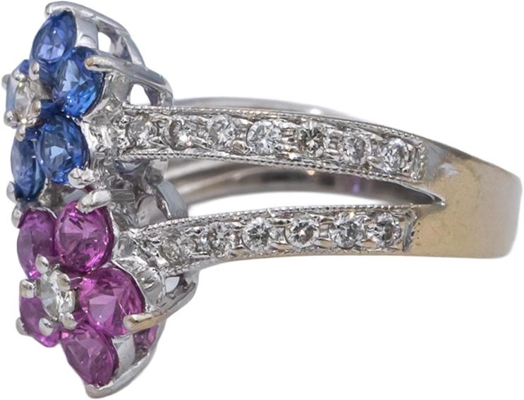 18k White Gold Diamond Pink & Blue Sapphire Flower Ring 1.45CT Size 5