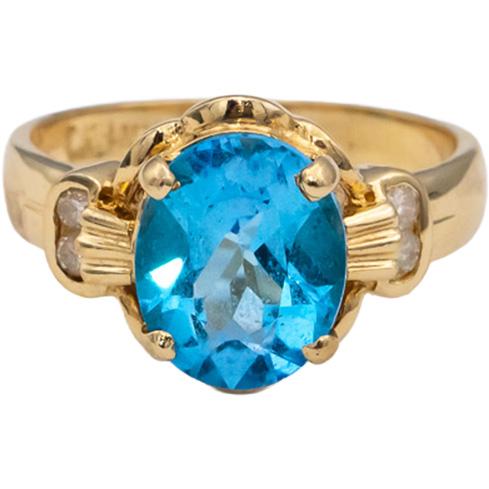 14k Yellow Gold Oval Blue Topaz & Round Diamond Cocktail Ring 1.55CTW Size 6.25