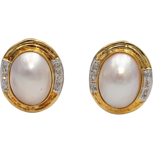 14k Yellow and White Gold Diamond & Mabe Pearl Earrings 0.08CT