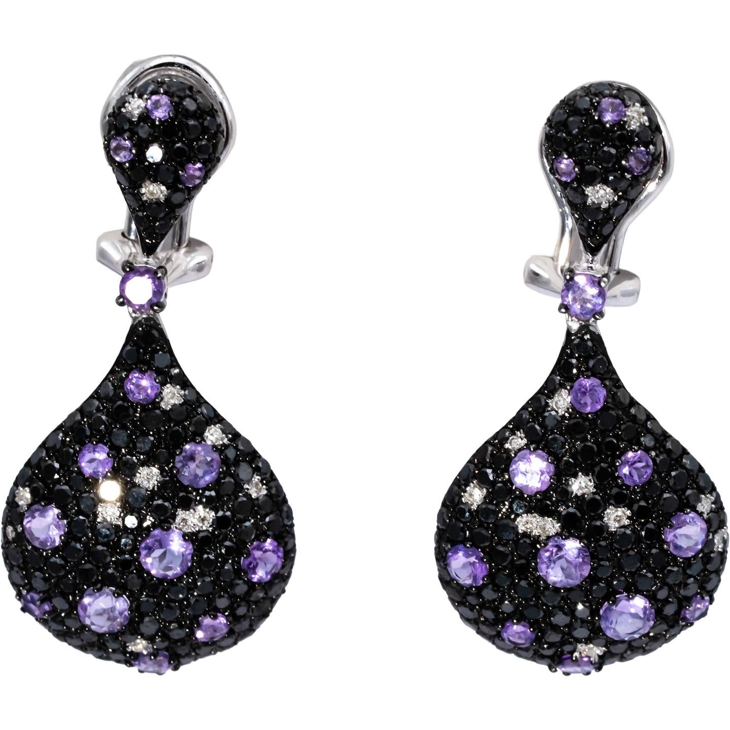 14k White Gold Round White & Black Diamond Amethyst Cluster Earrings 2.0CTW