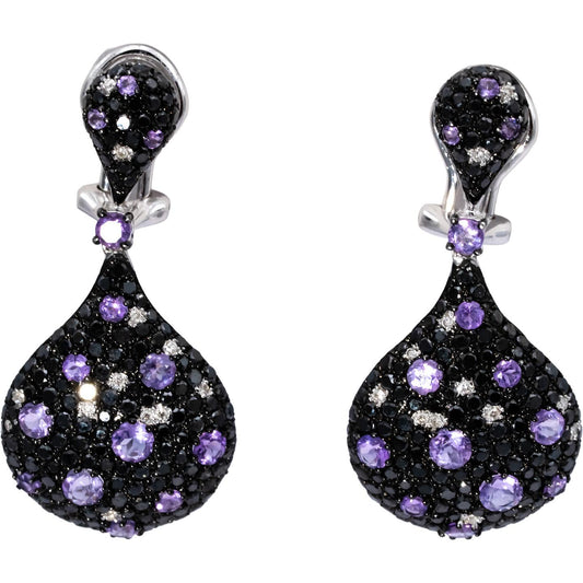 14k White Gold Round White & Black Diamond Amethyst Cluster Earrings 2.0CTW