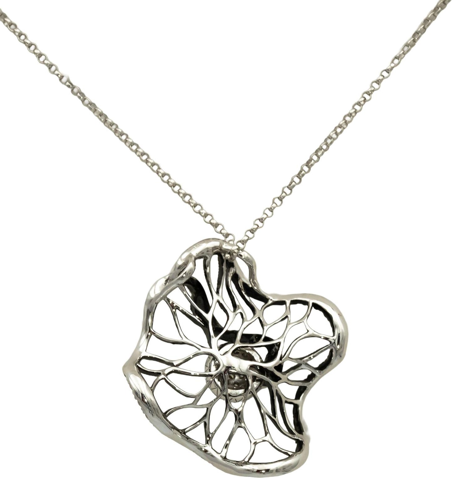 14k White Gold & Rhodium Diamond Cluster Abstract Flower Pendant Necklace 1.0CT