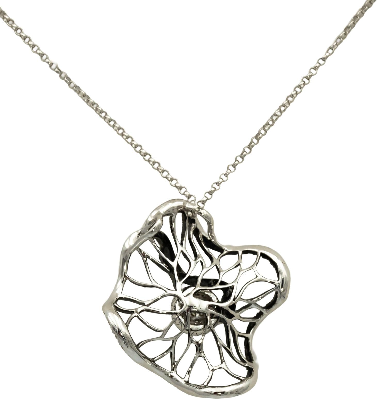14k White Gold & Rhodium Diamond Cluster Abstract Flower Pendant Necklace 1.0CT