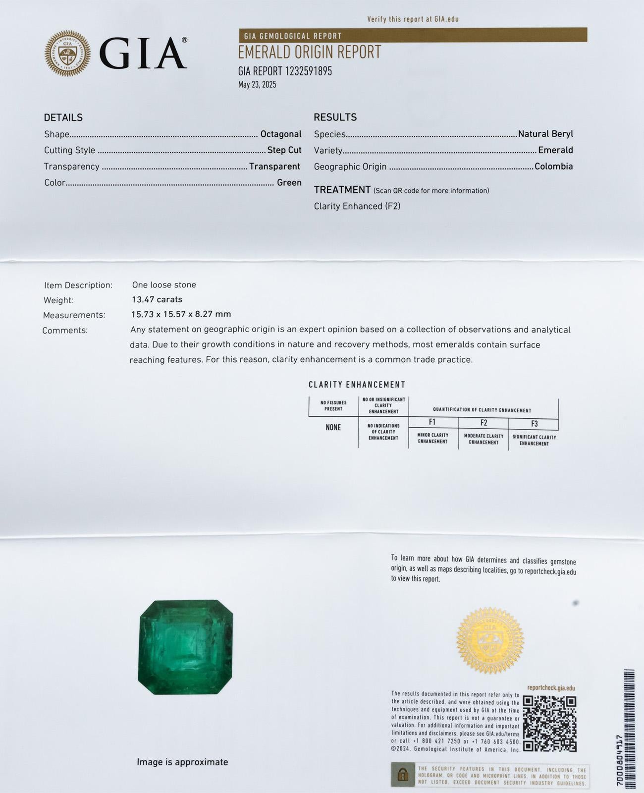 GIA Certified Octagon Cut Natural Colombian Emerald Loose Stone 13.47CT