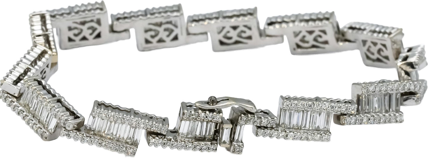 14k White Gold VS Round and Emerald Cut Diamond Fancy Link Bracelet 6.50CT