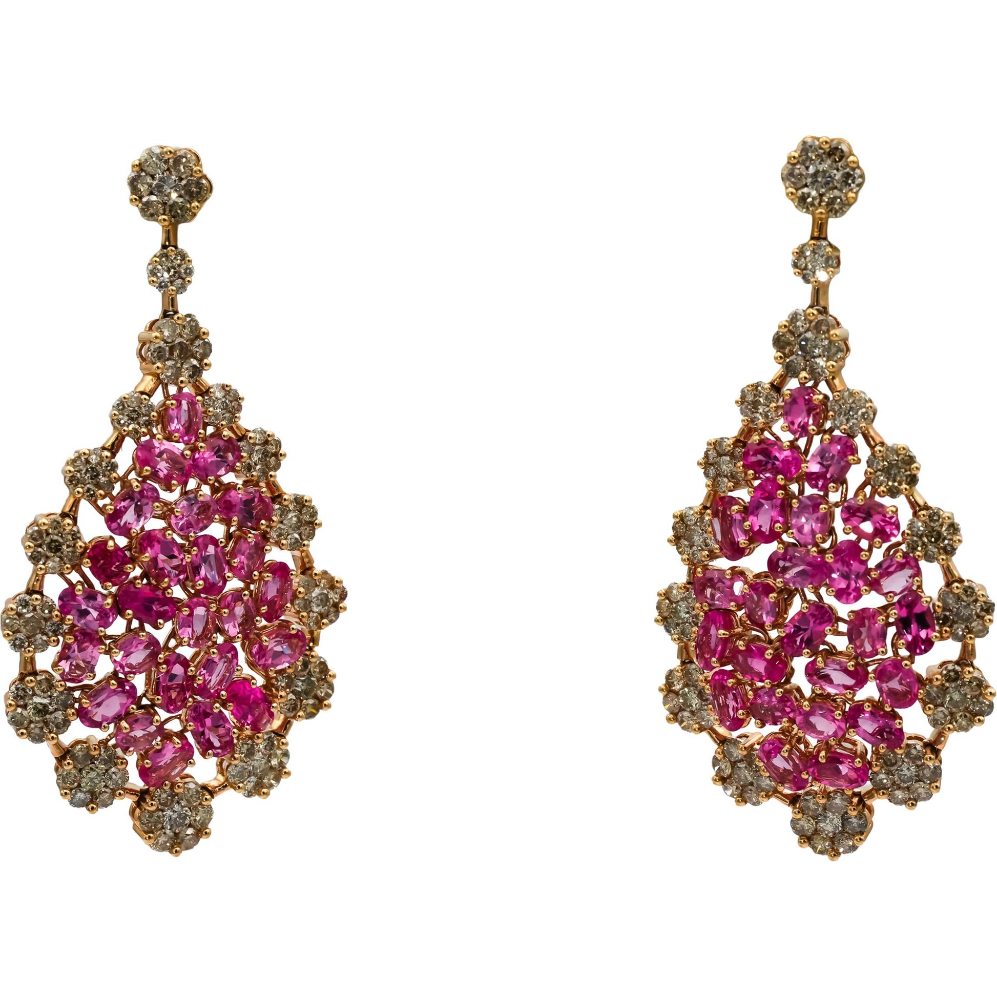 14k Rose Gold Diamond and Pink Sapphire Cluster Dangle Drop Earrings 17.38CTW