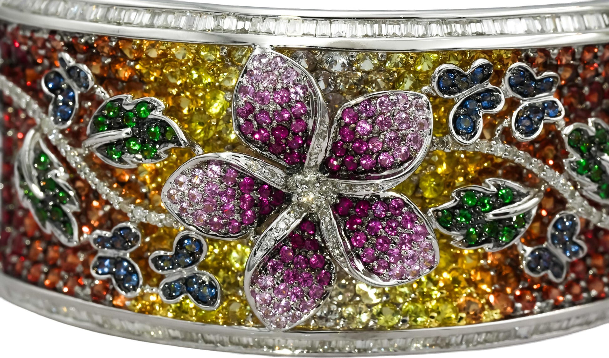 18k White Gold Diamond Multi Color Gemstone Floral Wide Bangle Bracelet 12.50CT