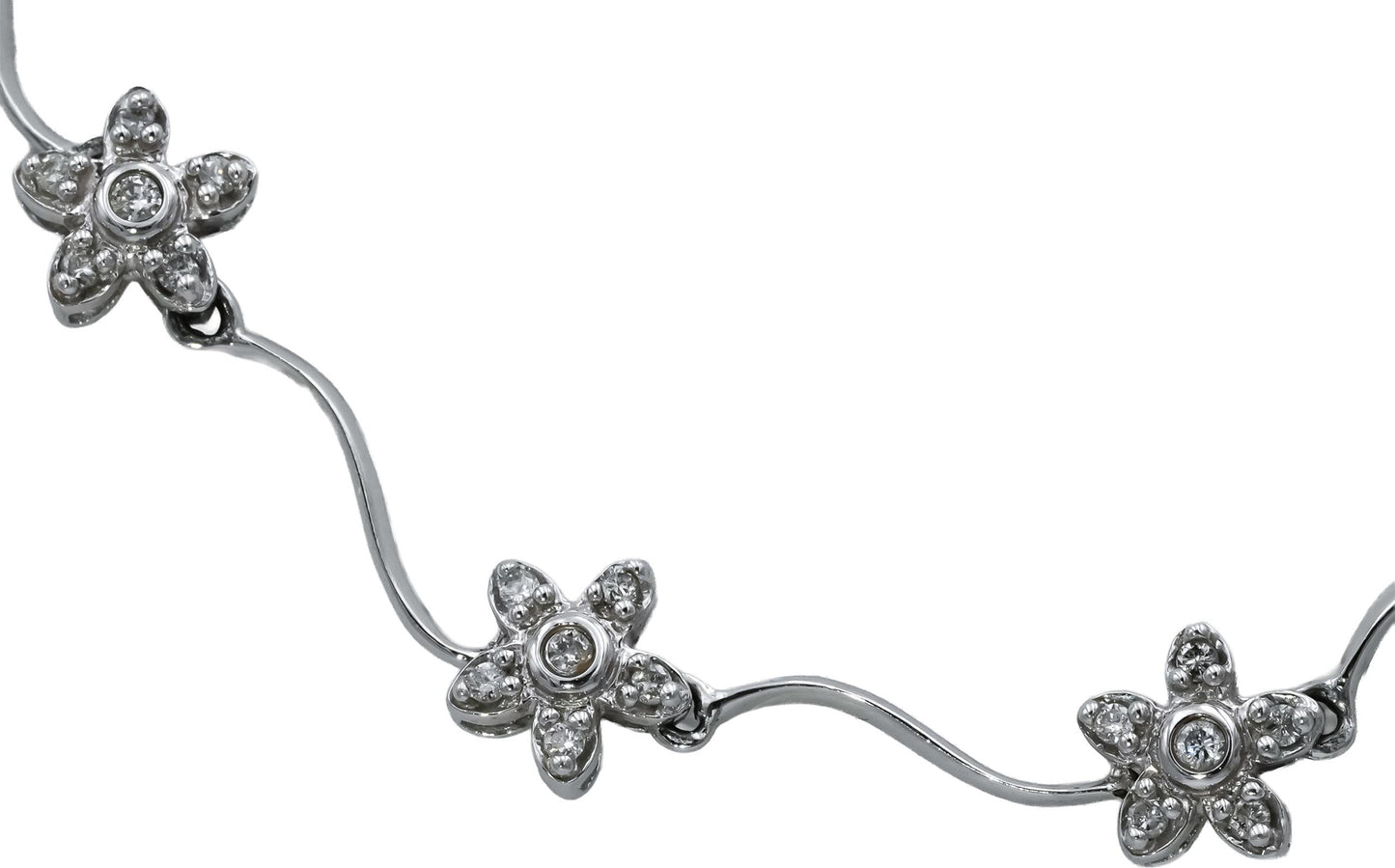 14k White Gold Round Diamond Flower Wavy Link Necklace 1.0CT