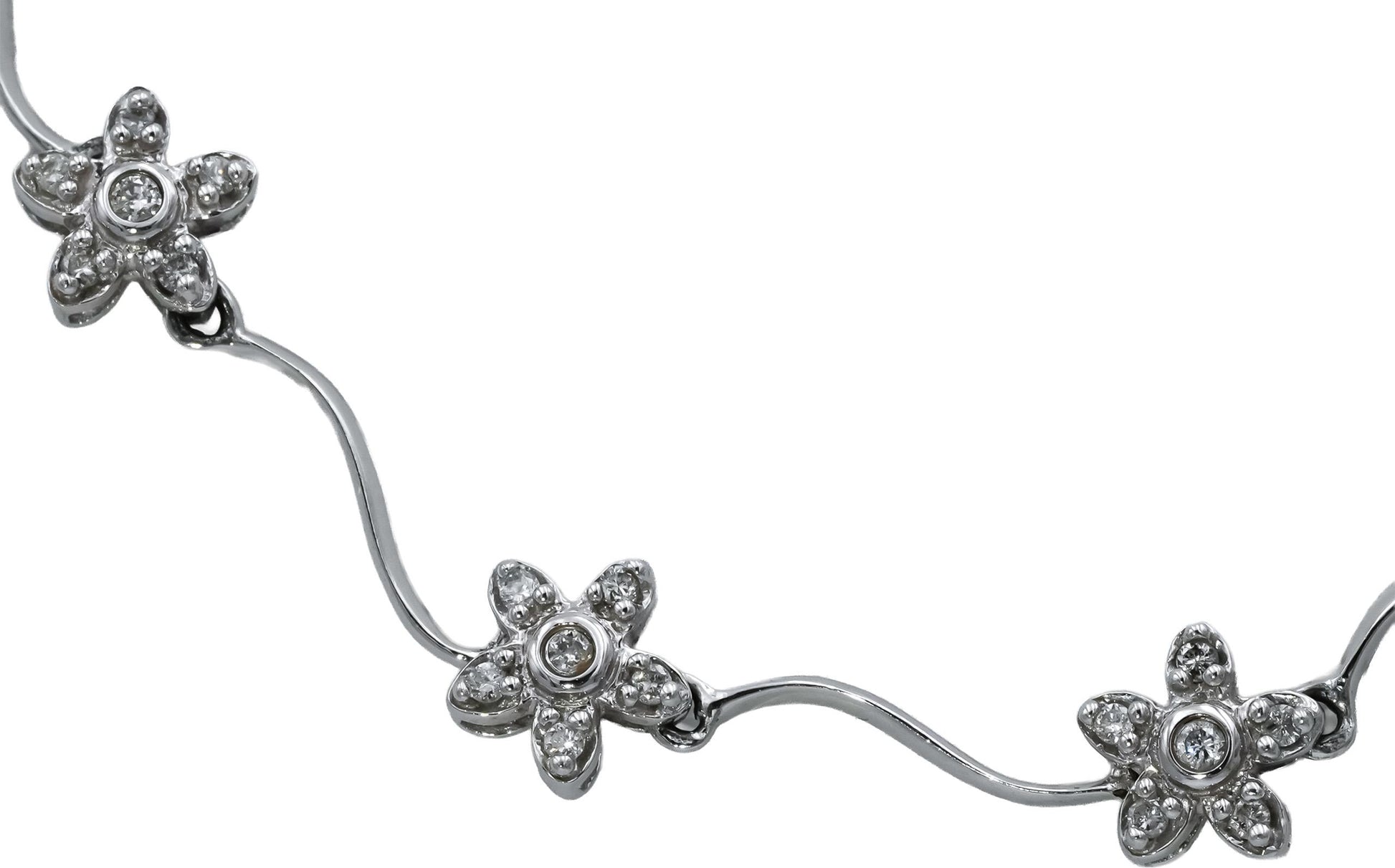 14k White Gold Round Diamond Flower Wavy Link Necklace 1.0CT