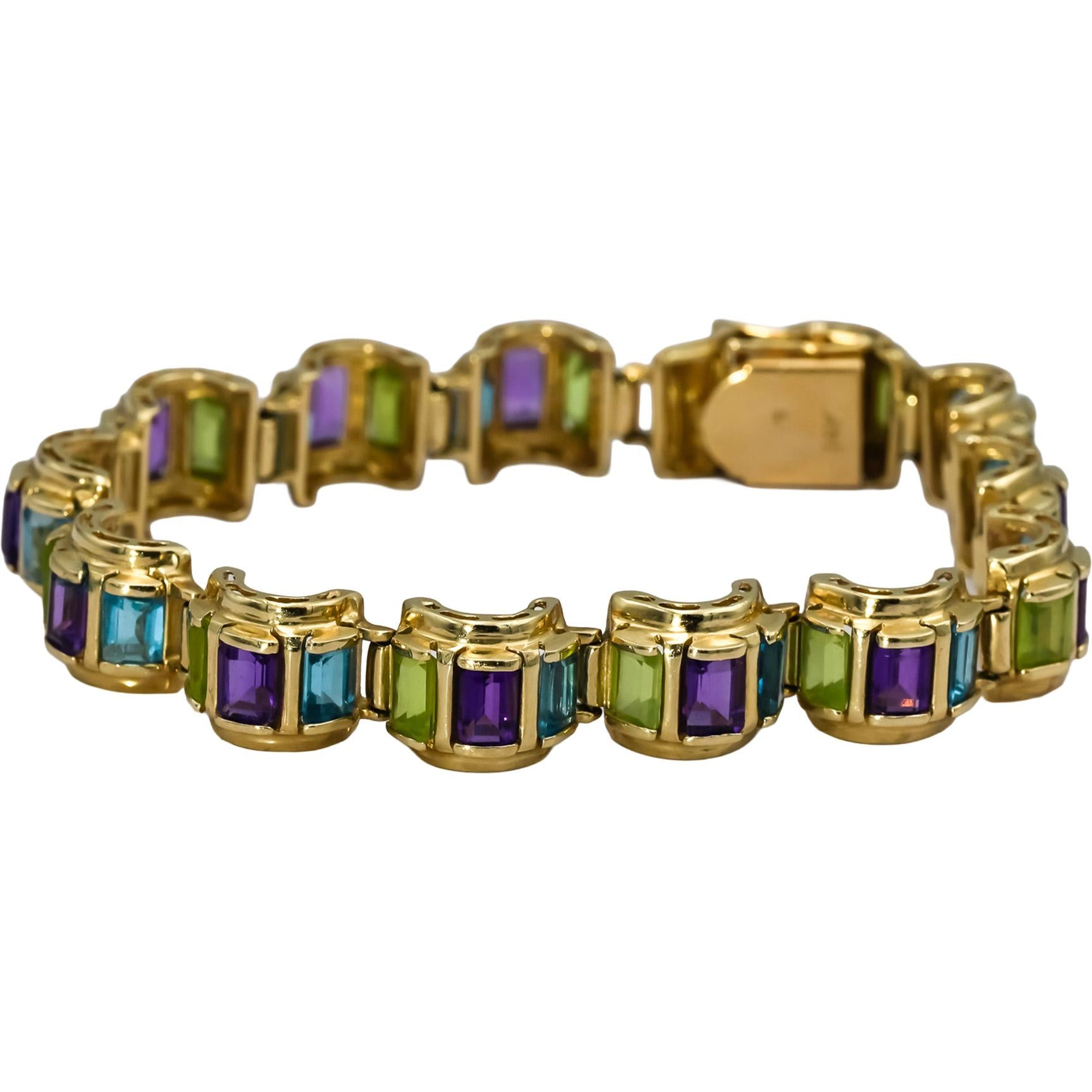 14k Yellow Gold Emerald Cut Multi-Color Gemstone Bracelet 20.0CT