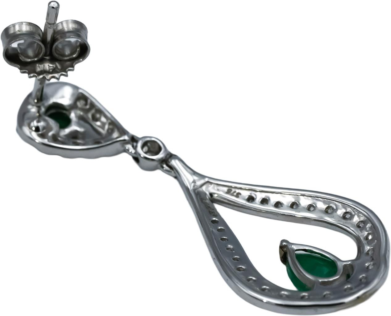 9k White Gold Diamond and Emerald Drop Dangle Earrings 0.55CT