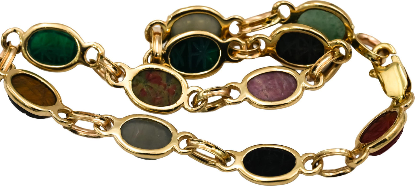 14k Yellow Gold Carved Scarab Multi Color Gemstone Bracelet