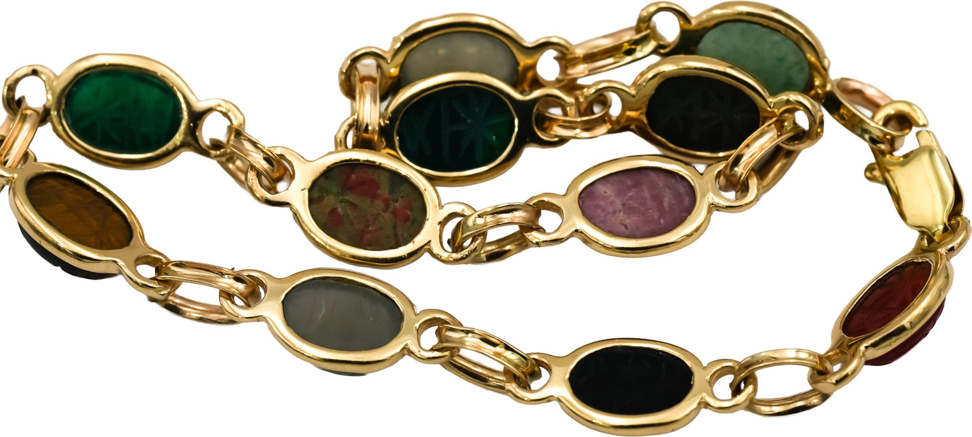 14k Yellow Gold Carved Scarab Multi Color Gemstone Bracelet