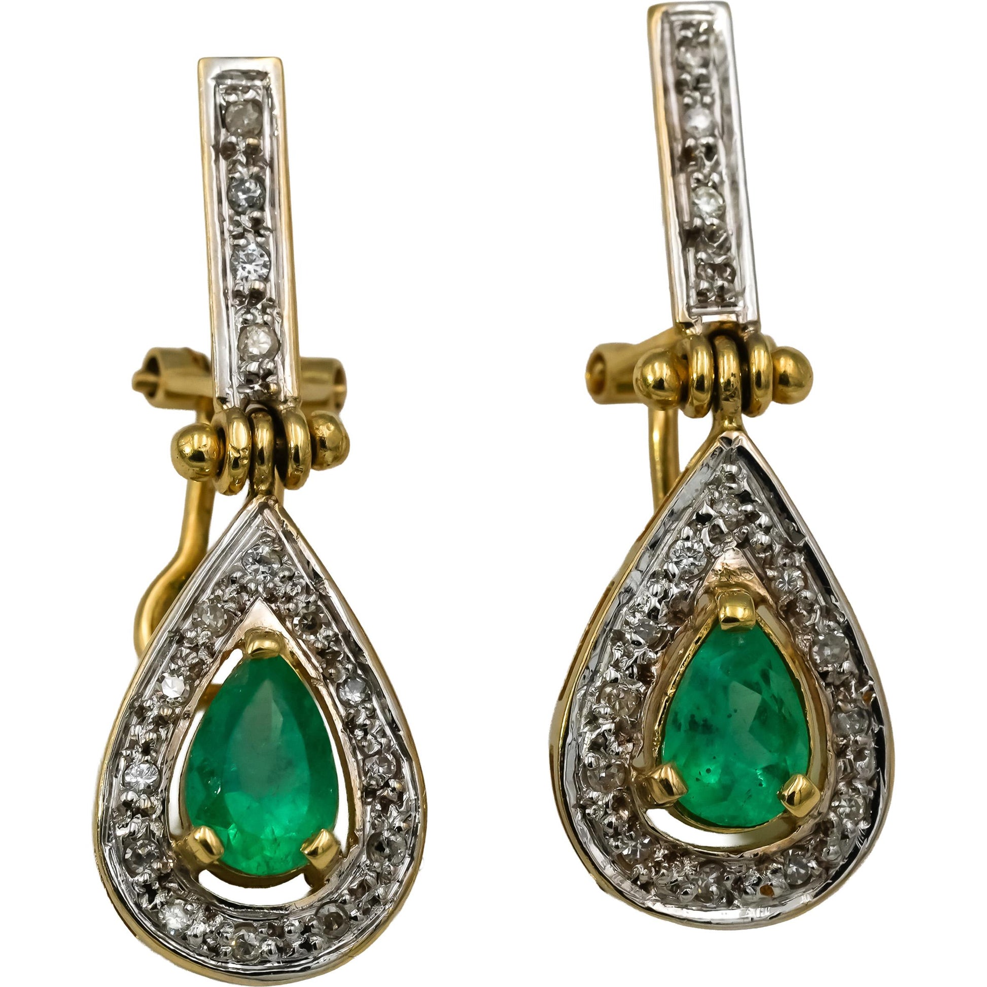 18k Yellow Gold Diamond and Emerald Dangle Earrings 1.33CT