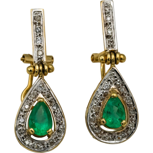18k Yellow Gold Diamond and Emerald Dangle Earrings 1.33CT