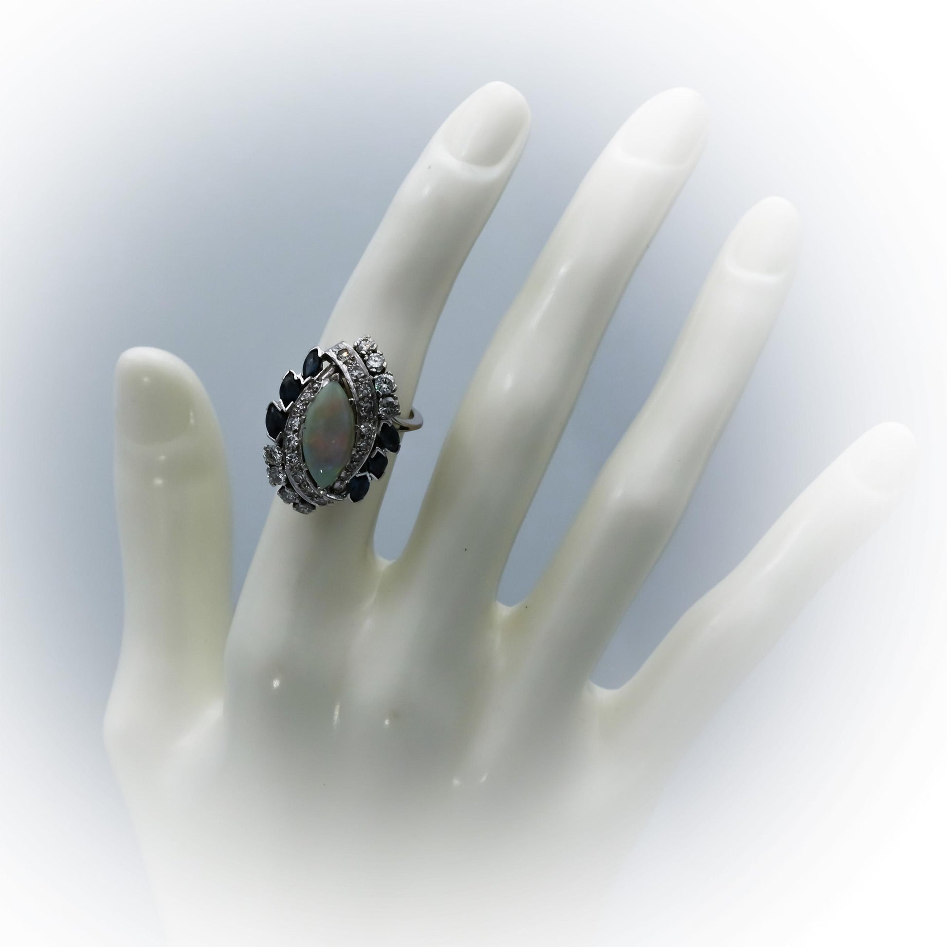 Antique Vintage 14k White Gold Diamond Opal Sapphire Ring 3.35CT Size 5.75