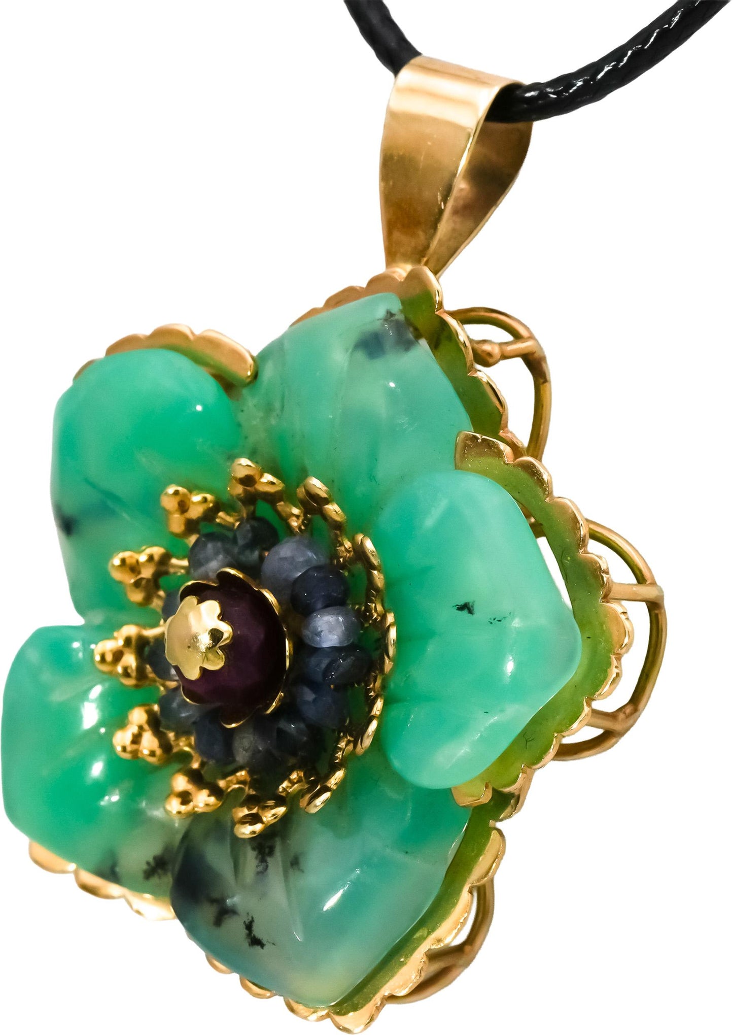 14k Yellow Gold Jadeite and Sapphire Flower Pendant Necklace