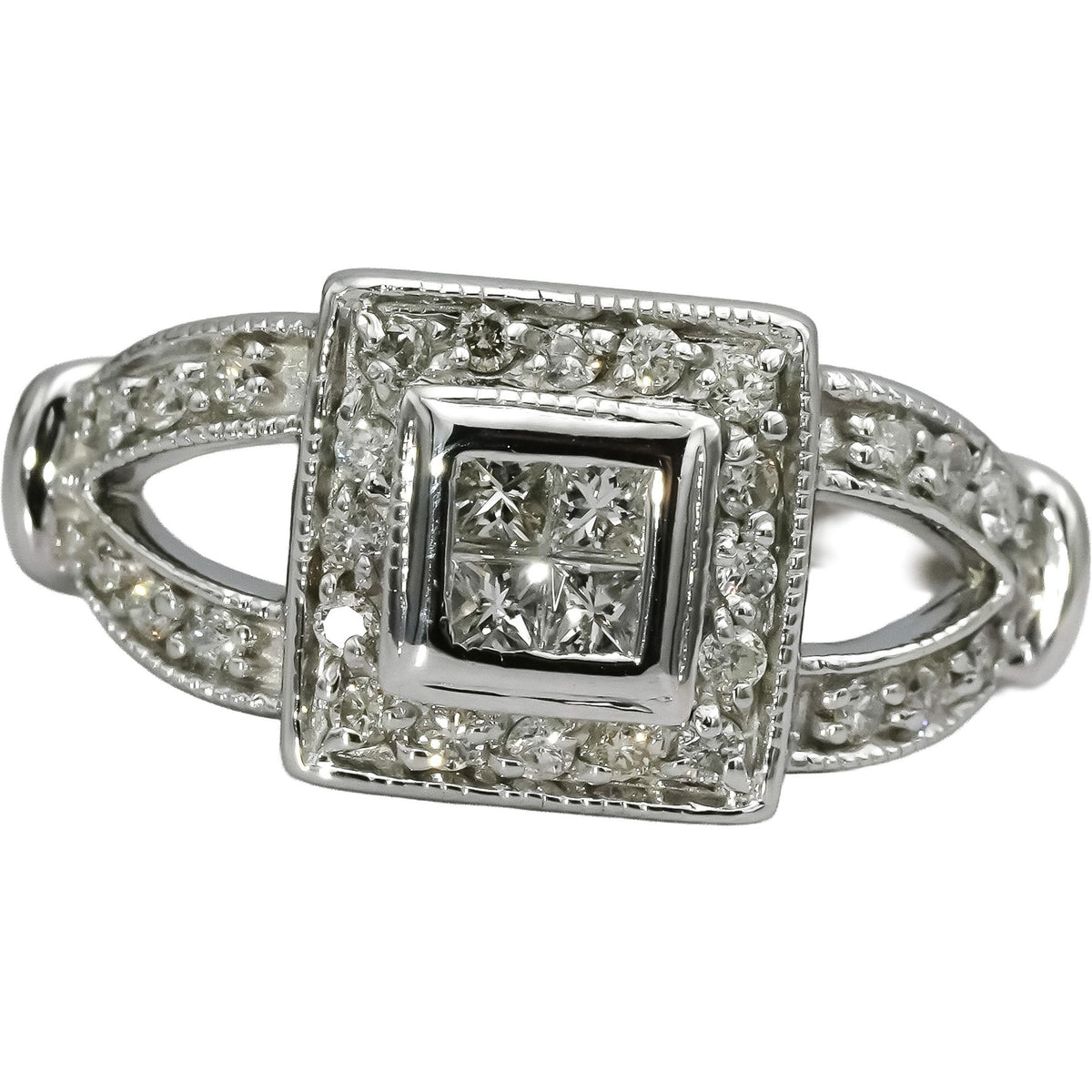 14k White Gold Princess and Round Diamond Cocktail Ring 0.50CT Size 6.5