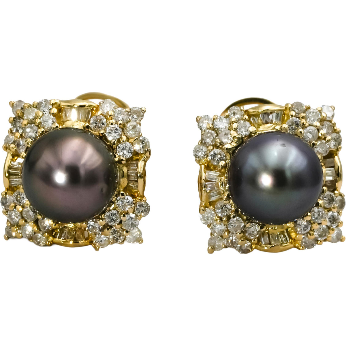 18k Yellow Gold Diamond and 11.0mm Black Tahitian Pearl Stud Earrings 2.50CT