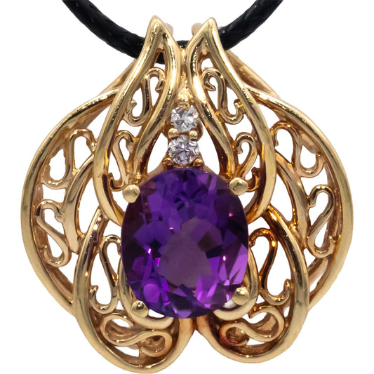 14k Yellow Gold 6.07CT VS Diamond and Amethyst Pendant on Cord Necklace