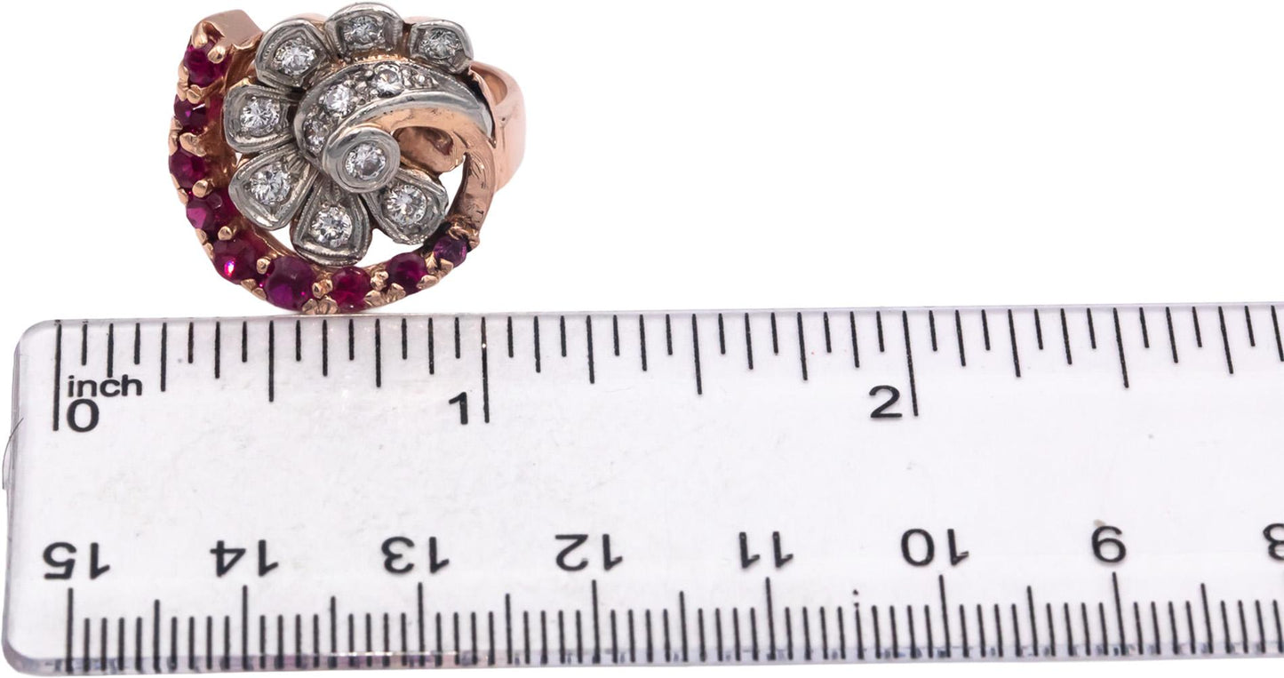 Retro Vintage 14k Rose Gold 1.50CT Diamond and Synthetic Ruby Ring Size 6.75