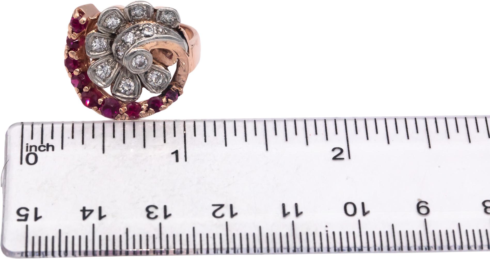 Retro Vintage 14k Rose Gold 1.50CT Diamond and Synthetic Ruby Ring Size 6.75