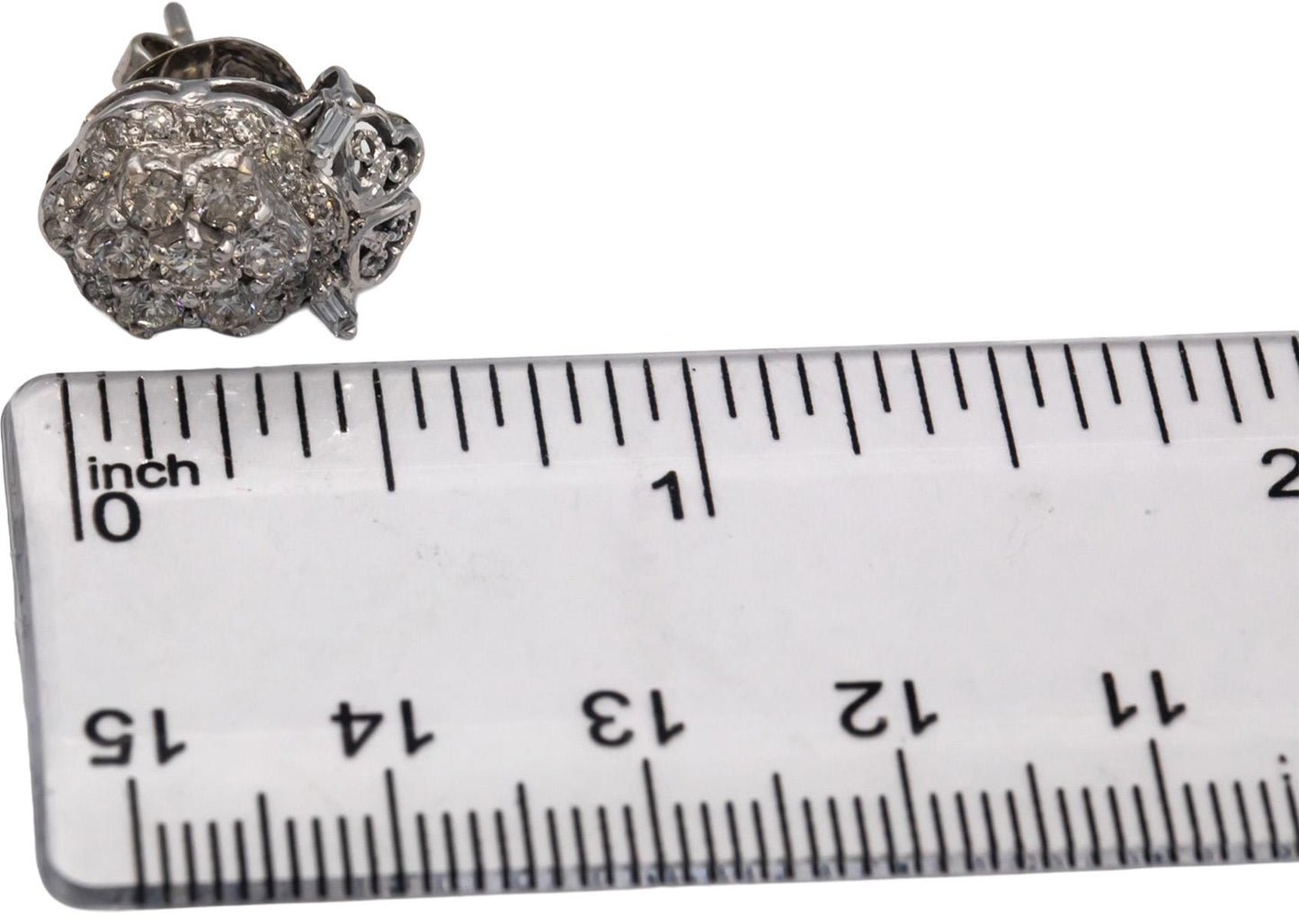 10k White Gold 1.25CT Round and Baguette Cut Diamond Cluster Stud Earrings