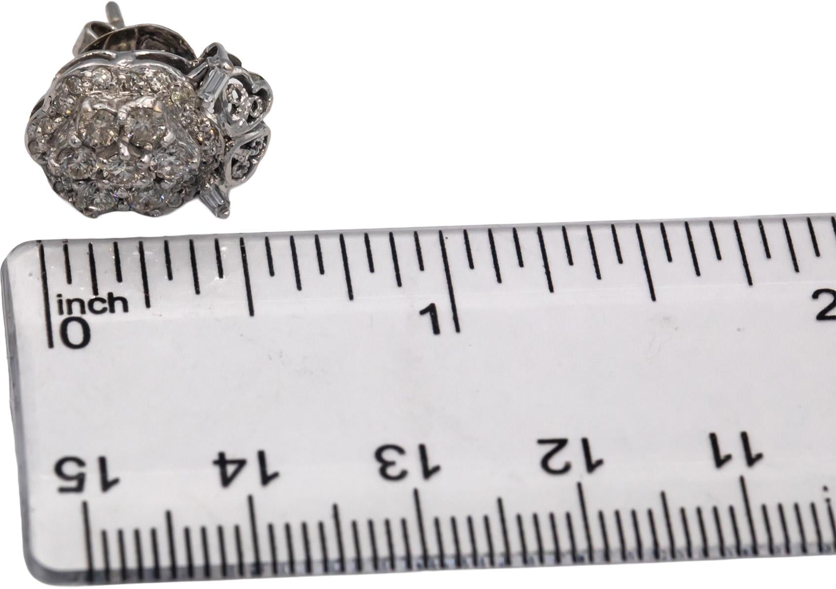 10k White Gold 1.25CT Round and Baguette Cut Diamond Cluster Stud Earrings