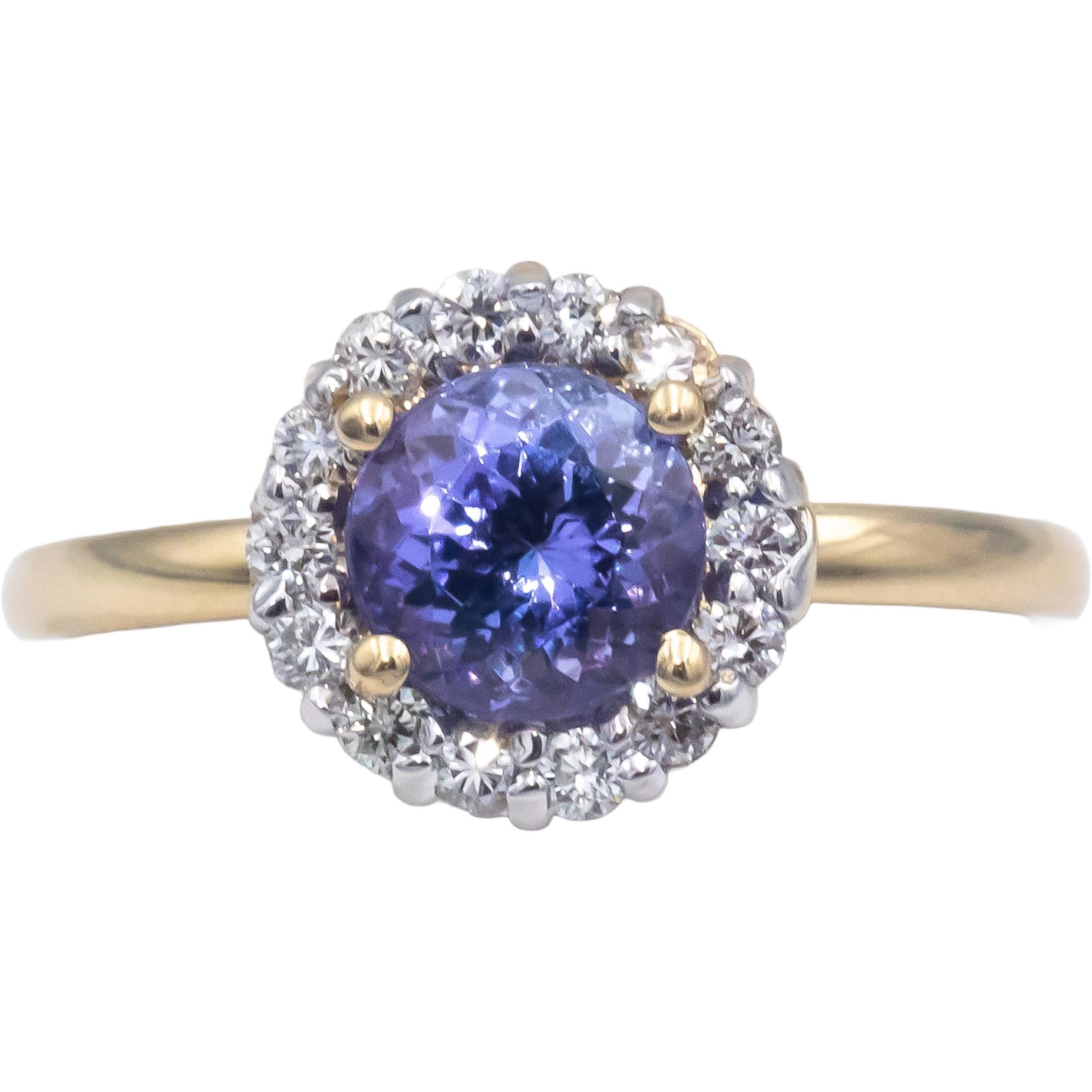 14k Yellow Gold 1.15CT Diamond and Tanzanite Halo Floral Ring Size 6.5