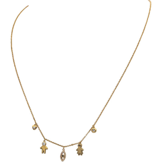 18k Yellow Gold 0.10CT VS Diamond Mixed Themes Charm Dangle Necklace w/ Sapphire