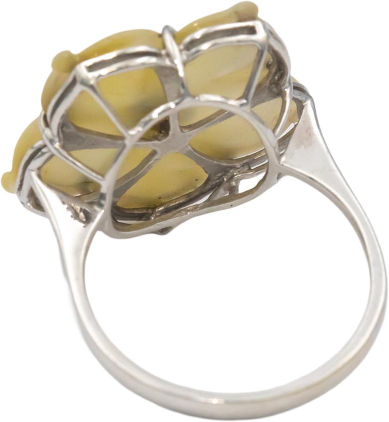 14k White Gold Carved Mother of Pearl Flower Ring w/ Diamond Accents Size 7