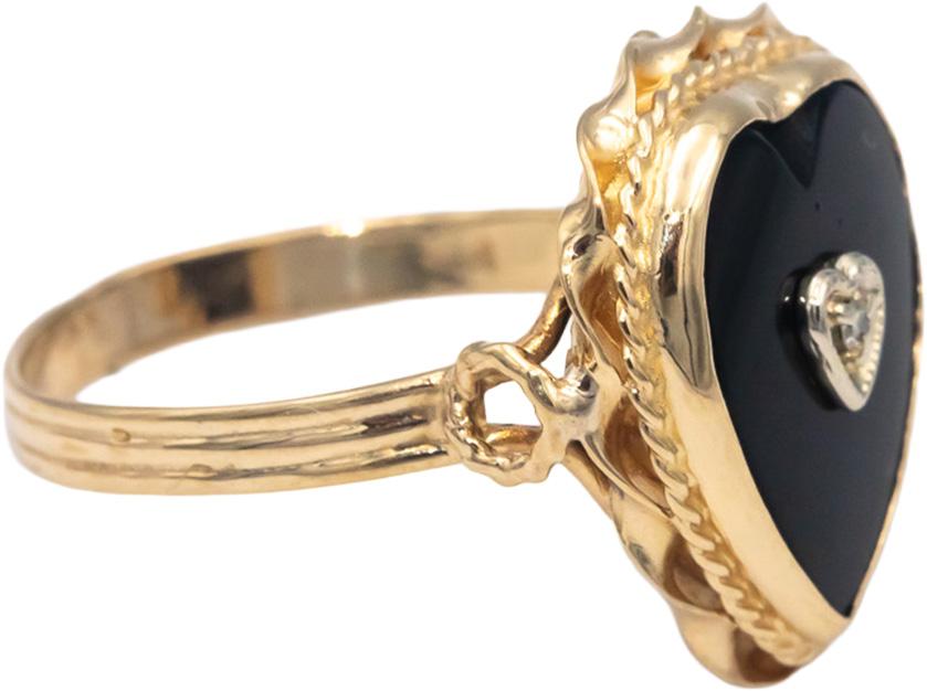 Black Onyx 10k Yellow Gold Heart Cocktail Ring Size 5.75 w/ Diamond Accent