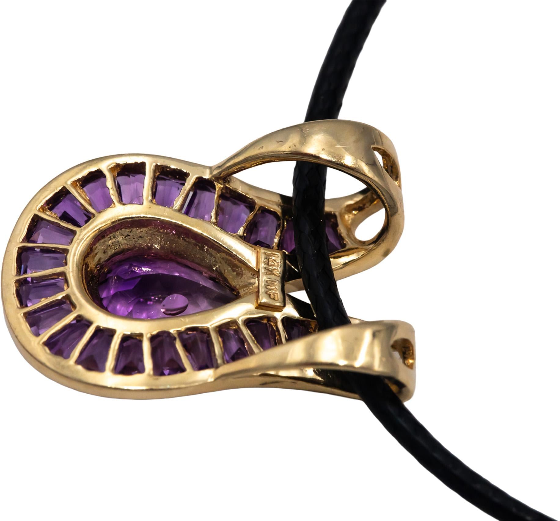 14k Yellow Gold Pear and Baguette Amethyst Slide Pendant Necklace 3.0CT