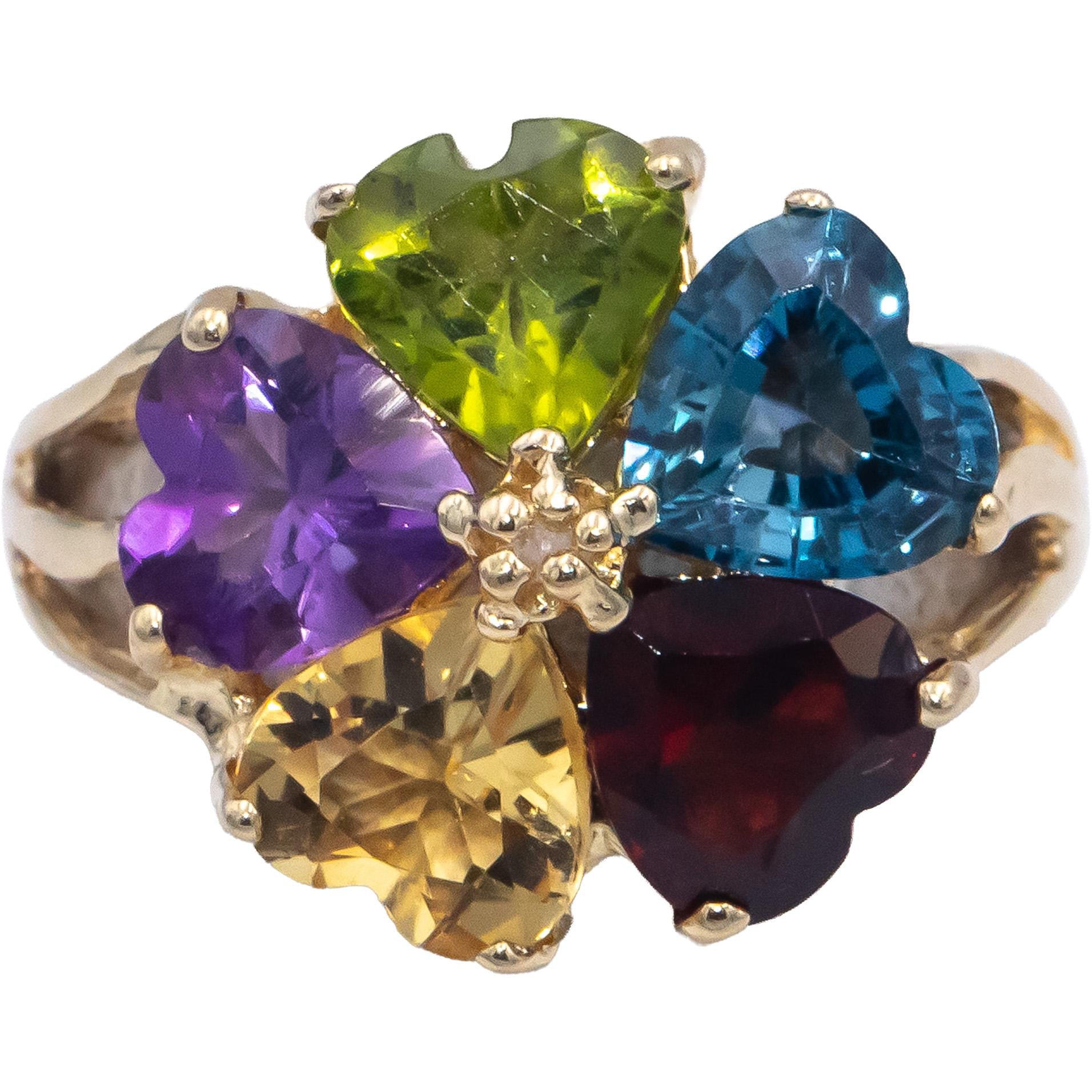 14k Yellow Gold Heart Cut Rainbow Gemstone Flower Ring w/ Diamond Accent 4.0CT