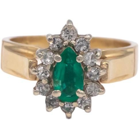 Emerald and Diamond 14k Yellow Gold Halo Cocktail Ring 0.65CT Size 6