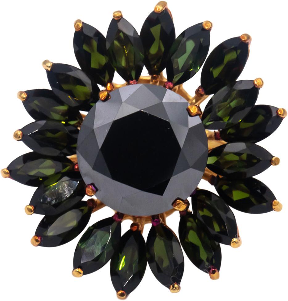 18k Yellow Gold Black Diamond & Green Tourmaline Flower Ring 21.0CTW Size 9