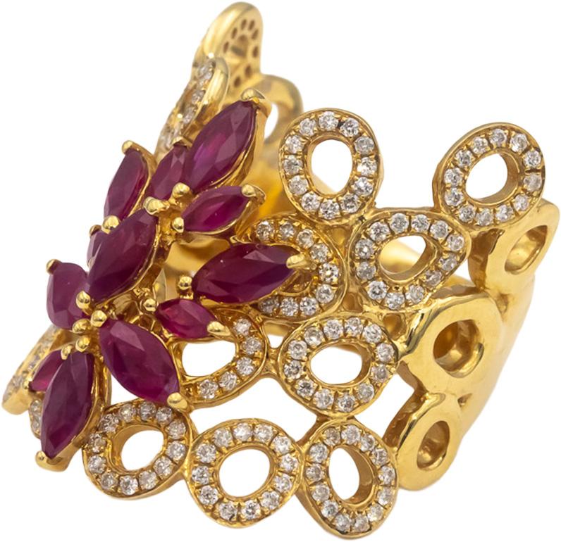 18k Yellow Gold VS Round Diamond Marquise Ruby Floral Cocktail Ring 1.65CT Sz. 7