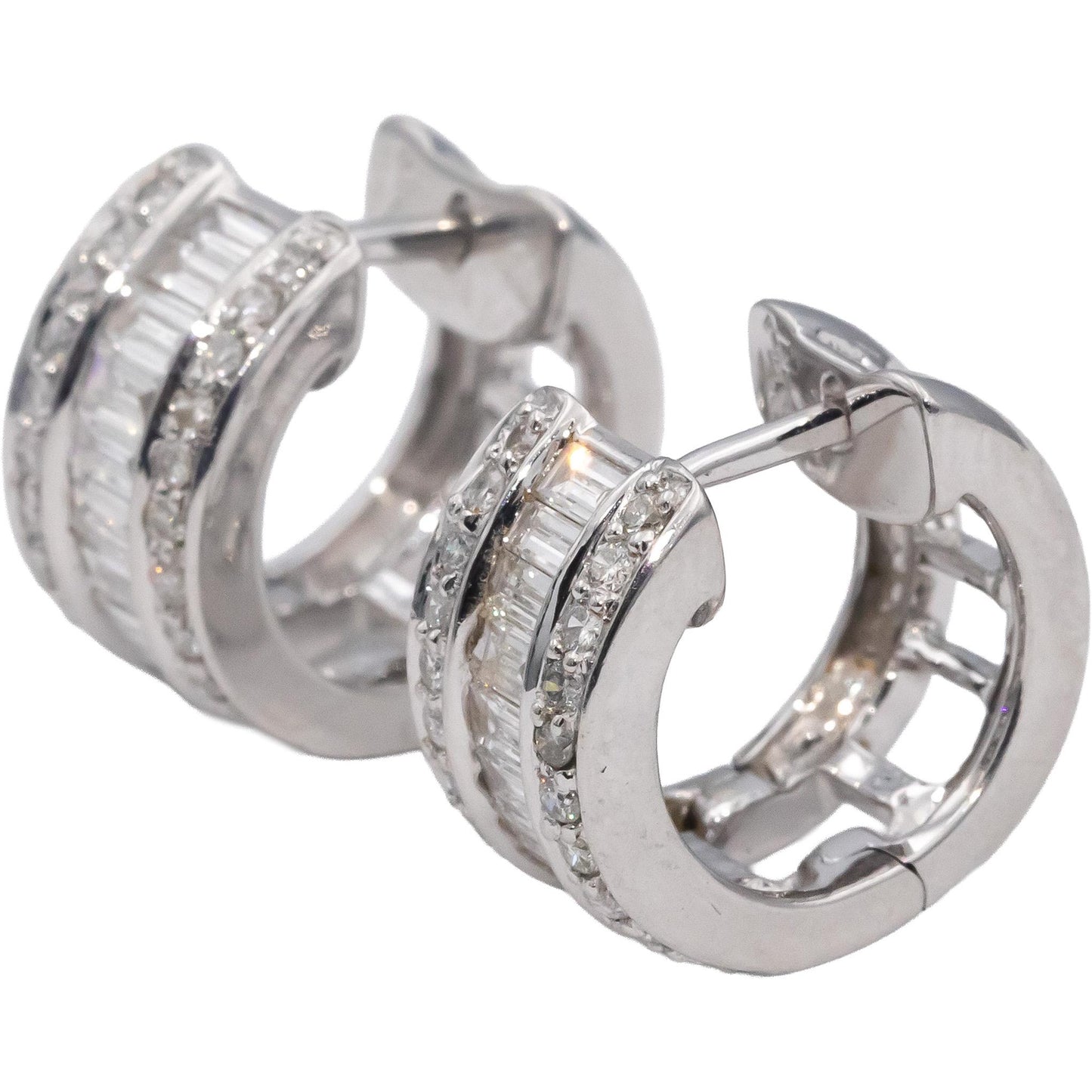 14k White Gold VS Round & Emerald Cut Diamond Hoop Huggie Earrings 1.0CT