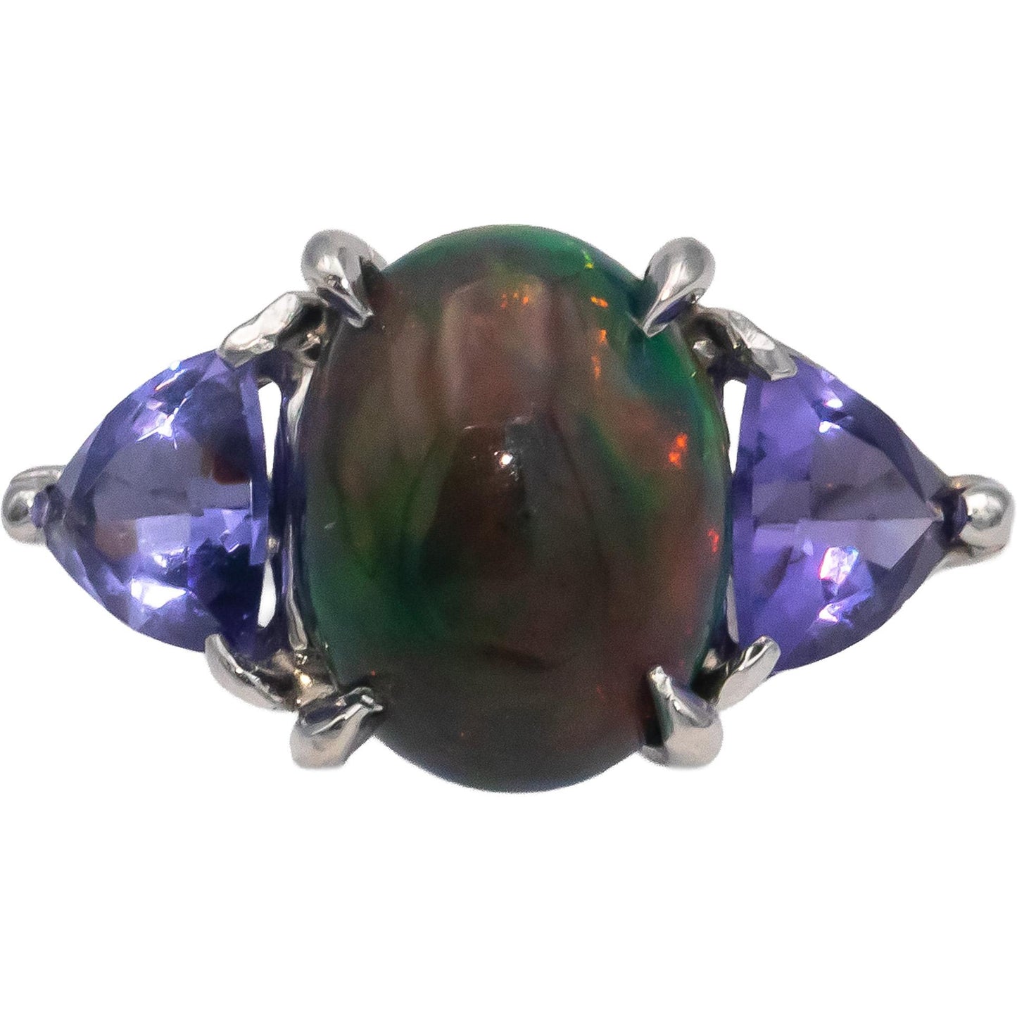 Platinum Cabochon Boulder Opal Trillion Tanzanite Cocktail Ring 5.68CT Size 6.25